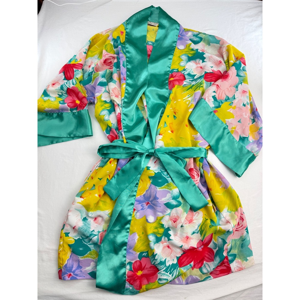 Vintage Victoria's Secret Gold Label Floral Satin Kimono Robe Pockets OSFM